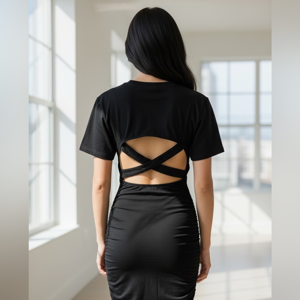 Black Ruched Bodycon Dress Open Back Size Large